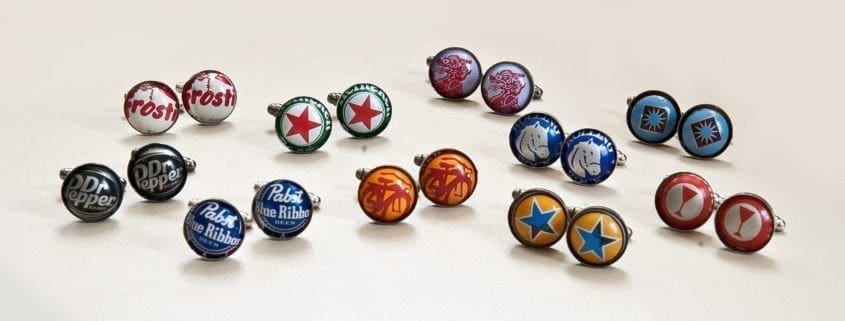 off the cuff collection, bottle cap cufflinks, beer cufflinks, groomsmen gifts, wedding gifts, pabst blue ribbon, custom cufflinks