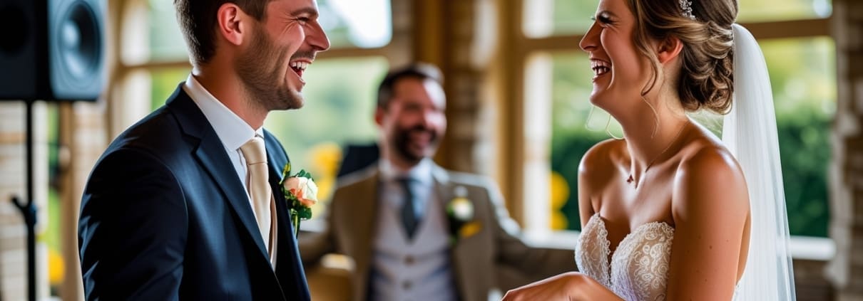 Couple connecting with their wedding DJ during a lighthearted moment