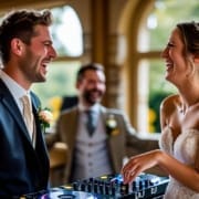 Couple connecting with their wedding DJ during a lighthearted moment