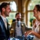Couple connecting with their wedding DJ during a lighthearted moment