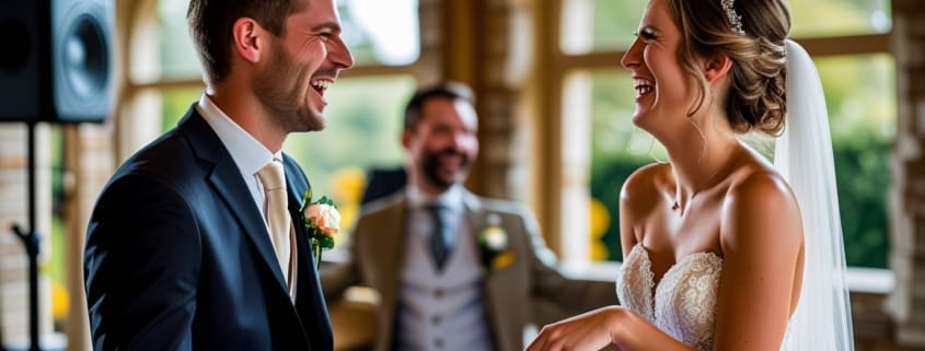 Couple connecting with their wedding DJ during a lighthearted moment