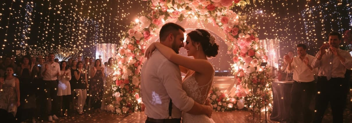 Wedding couple dancing as DJ sets the mood for a memorable moment