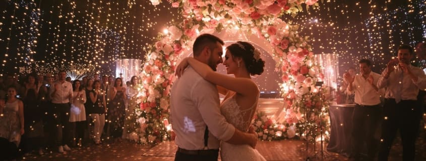 Wedding couple dancing as DJ sets the mood for a memorable moment
