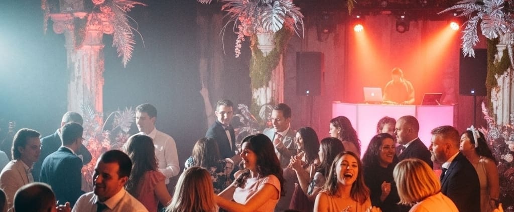 Packed wedding dance floor with energetic guests and DJ