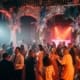 Packed wedding dance floor with energetic guests and DJ