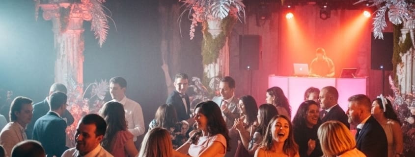Packed wedding dance floor with energetic guests and DJ