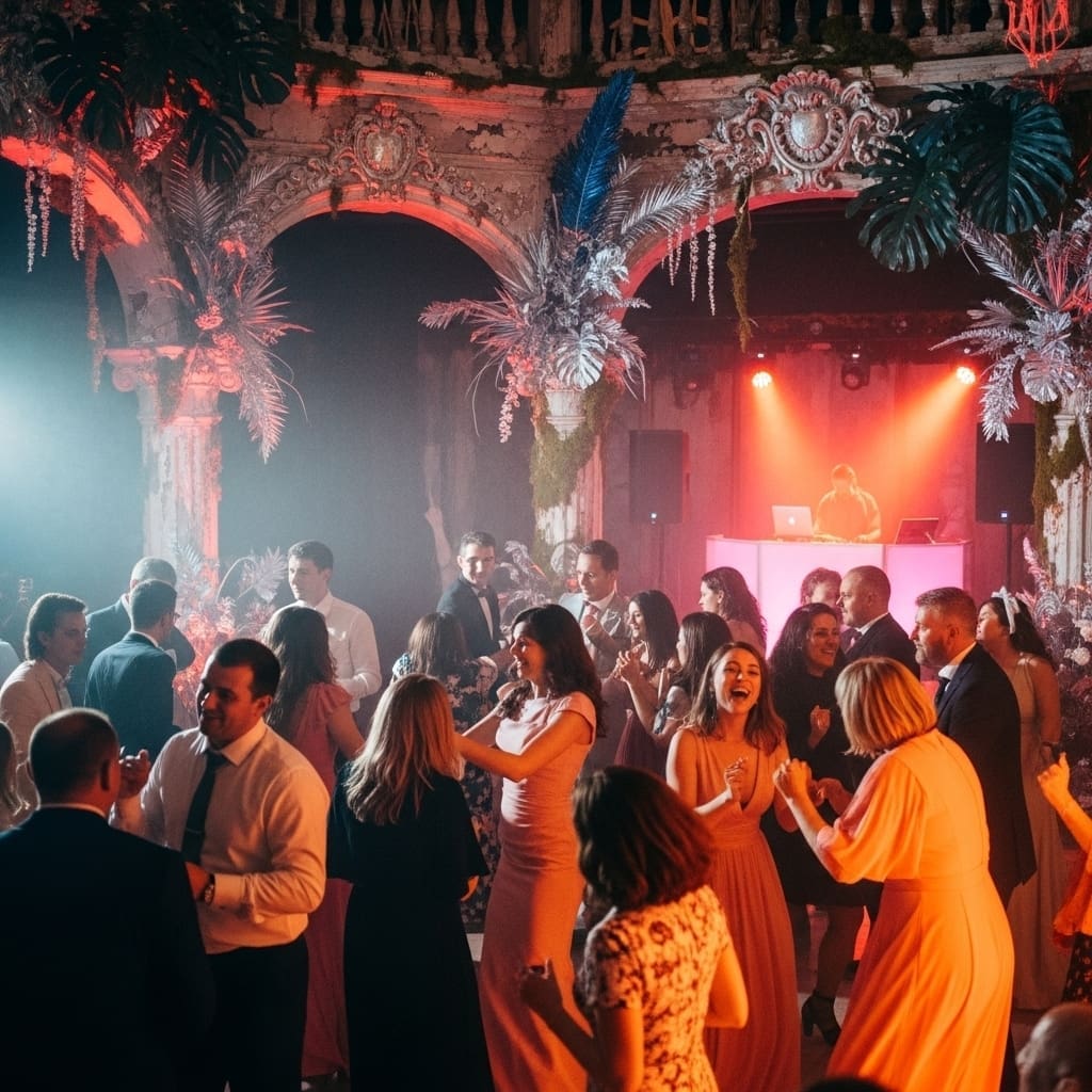 DJ keeping the wedding dance floor packed Packed wedding dance floor with energetic guests and DJ