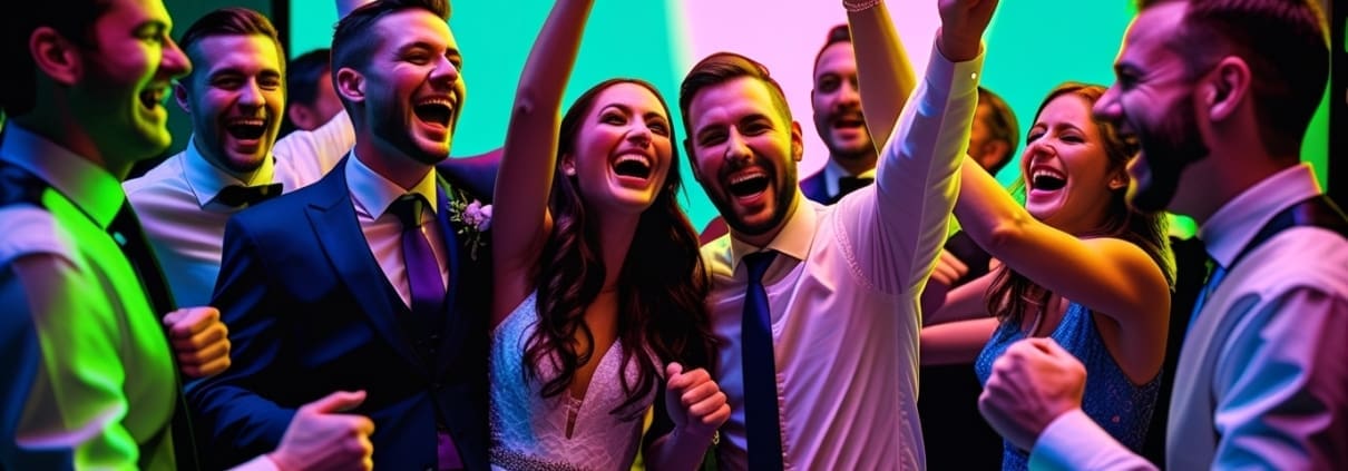Guests dancing and celebrating during a lively wedding DJ set
