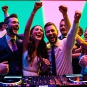 Guests dancing and celebrating during a lively wedding DJ set