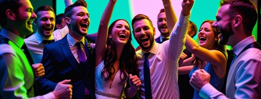 Guests dancing and celebrating during a lively wedding DJ set