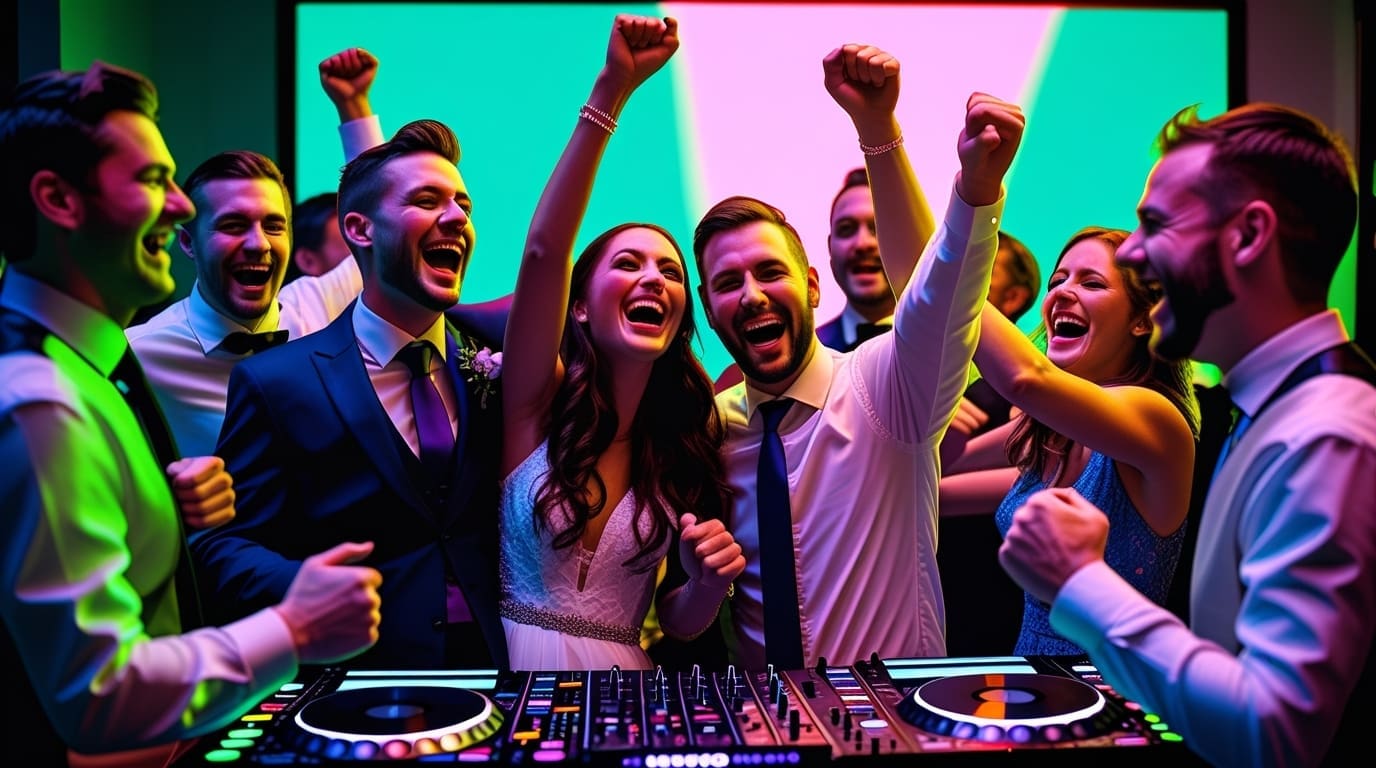 Guests having fun with the right wedding DJ Guests dancing and celebrating during a lively wedding DJ set