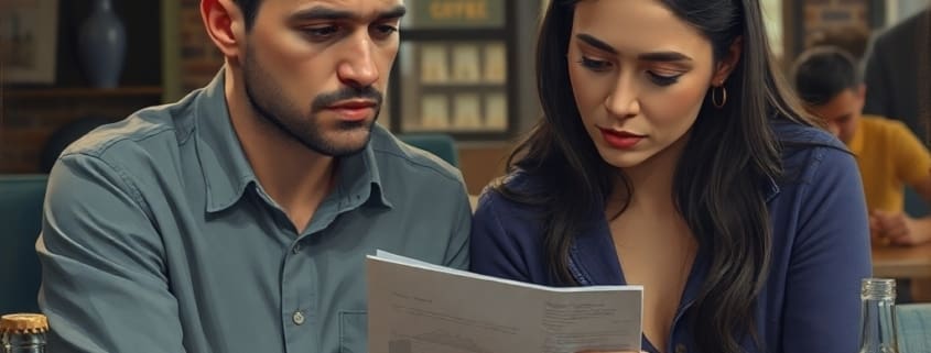 Engaged couple reviewing DJ agreement with concern