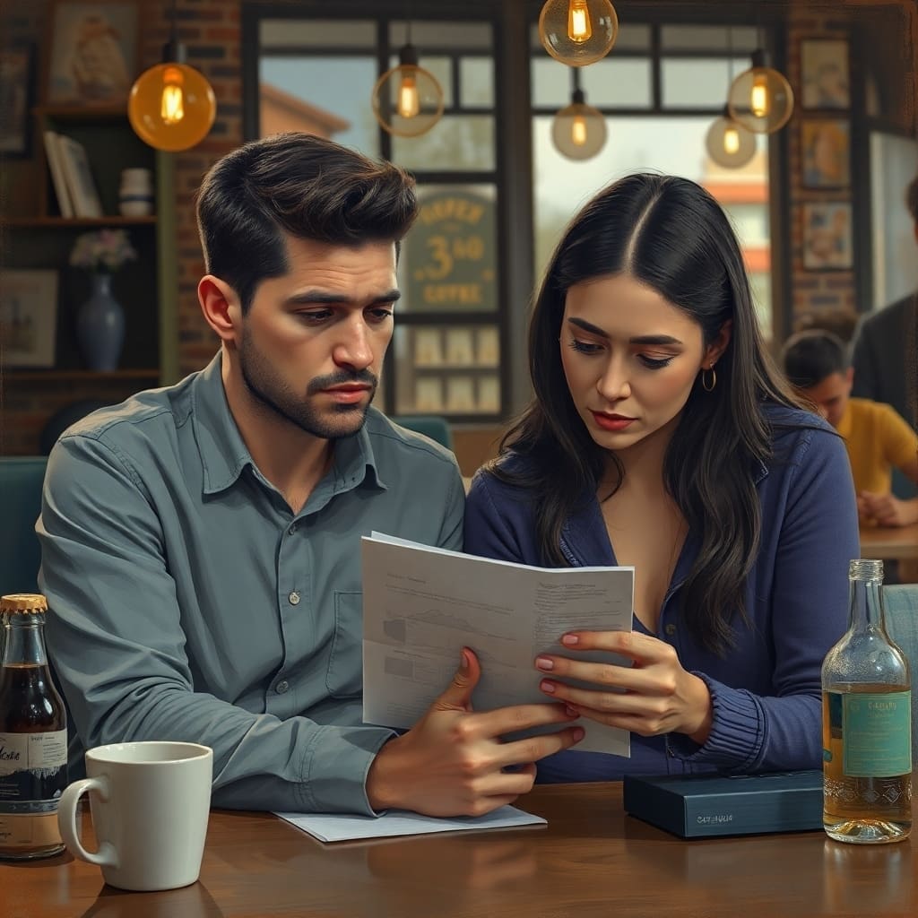 Engaged couple reviewing DJ agreement with concern