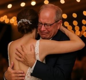 Father cries while hugging daughter during their wedding dance