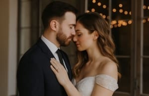 Bride and groom share an intimate moment in front of soft glowing lights