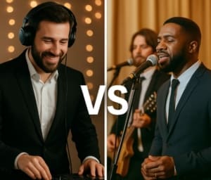 ide-by-side image of a wedding DJ and a live band
