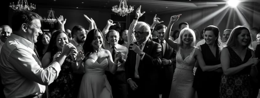 Packed wedding dance floor with guests dancing to popular songs