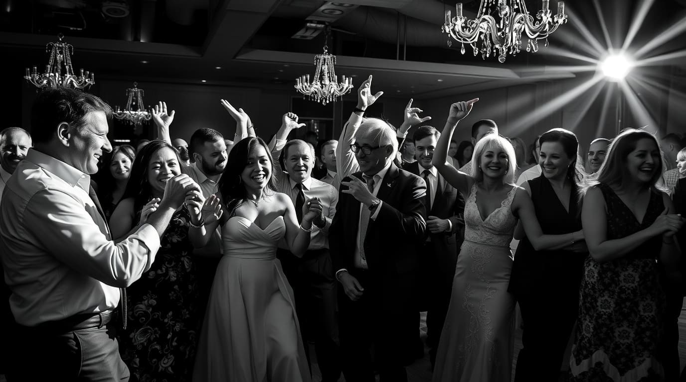 Packed wedding dance floor with guests dancing to popular songs