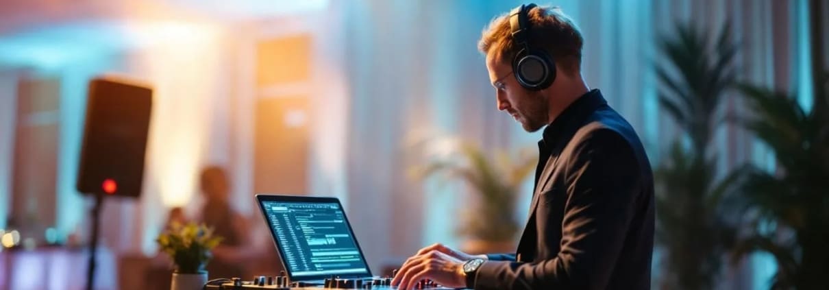 Wedding DJ setup showing sound gear and planning checklist