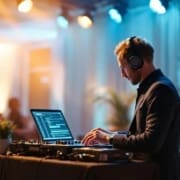 Wedding DJ setup showing sound gear and planning checklist
