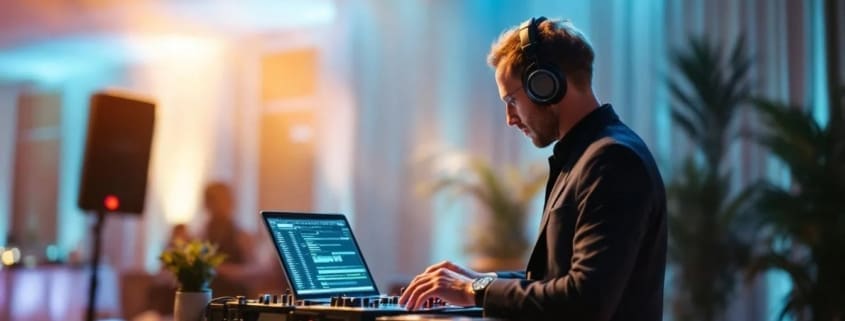 Wedding DJ setup showing sound gear and planning checklist