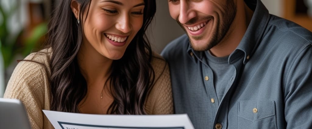 Couple confidently reviewing DJ plans before wedding