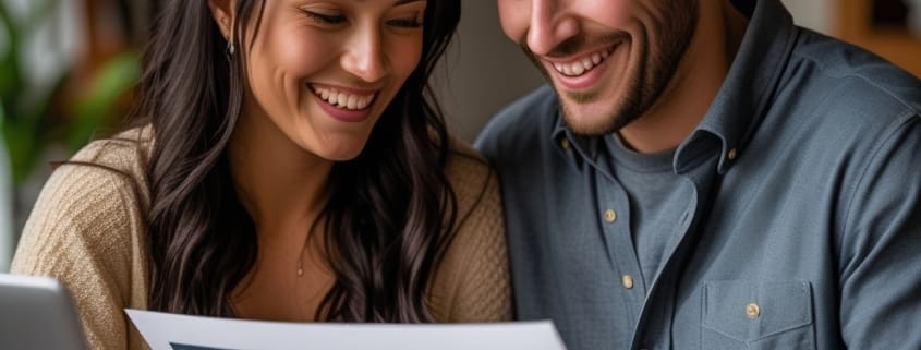 Couple confidently reviewing DJ plans before wedding