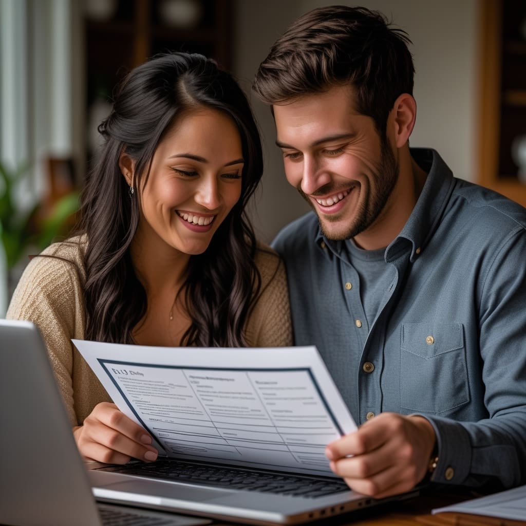 Couple confidently reviewing DJ plans before wedding