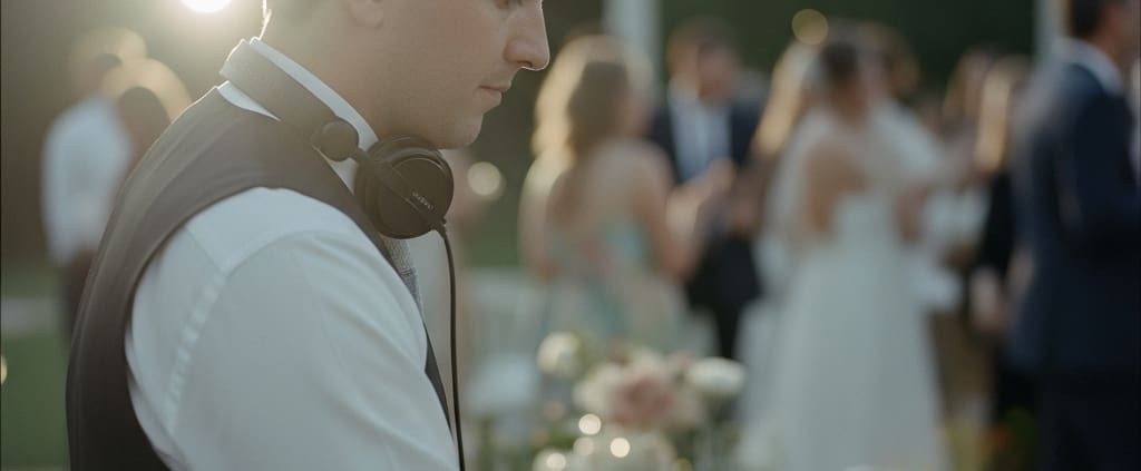 Professional wedding DJ at a reception controlling the vibe