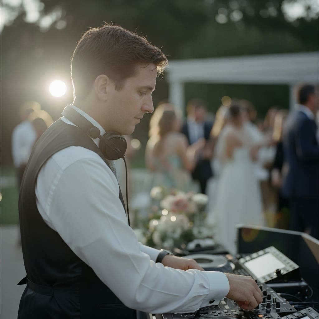 Professional wedding DJ at a reception controlling the vibe