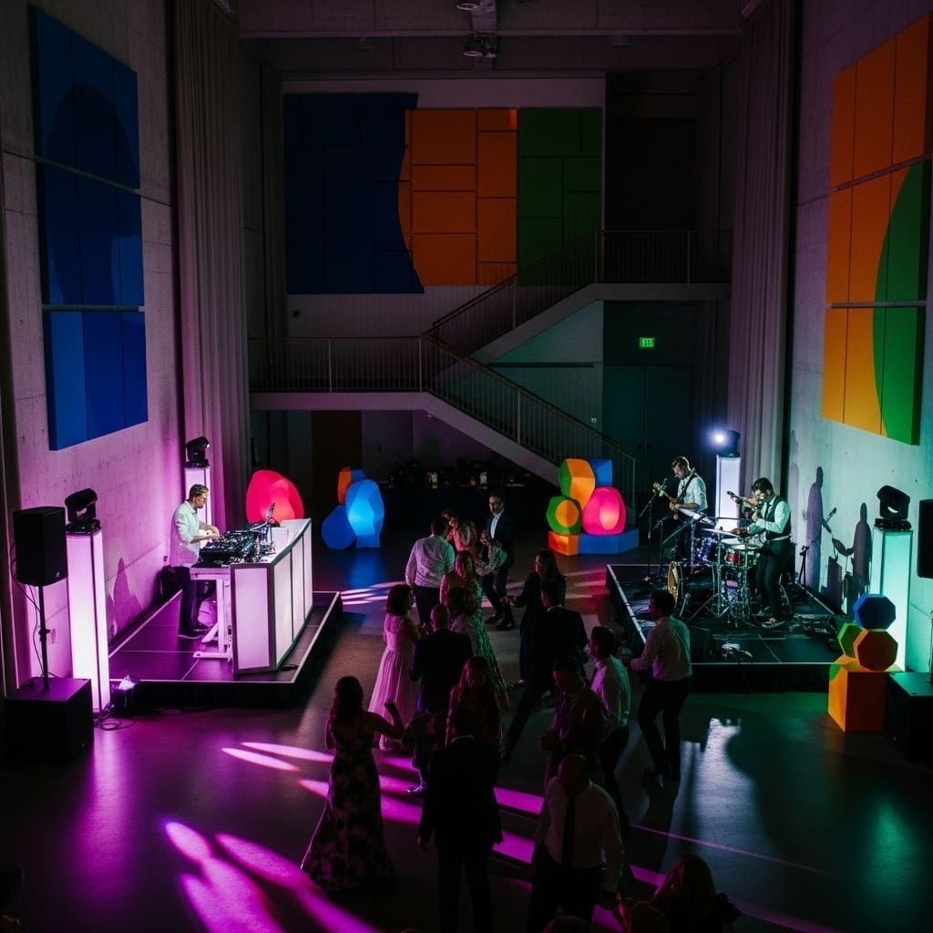 Wedding DJ and live band performing side by side at an upscale reception
