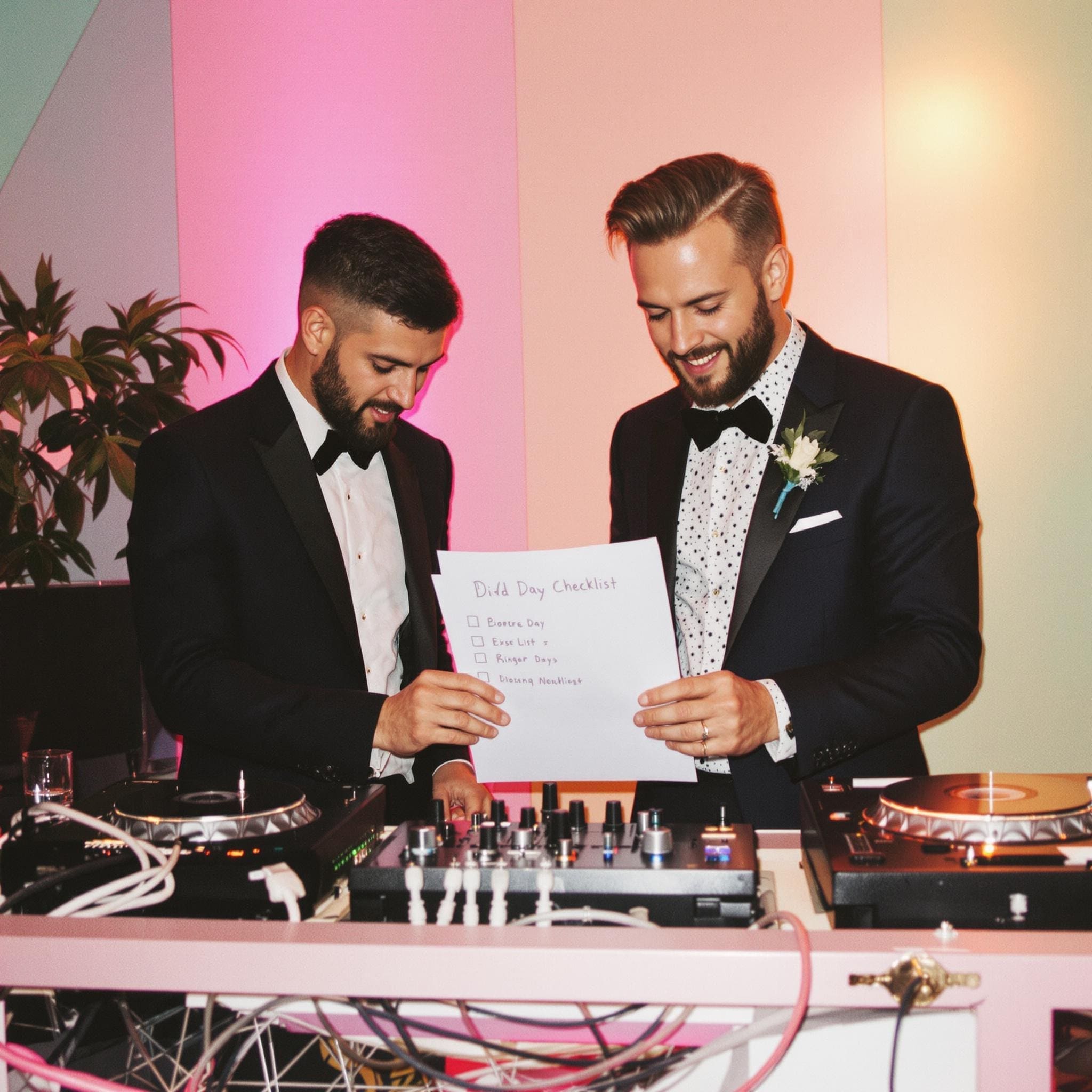 groom reviewing wedding checklist with DJ