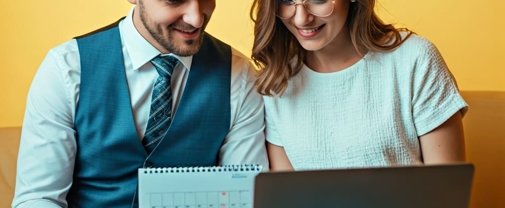 Engaged couple planning wedding DJ booking timeline