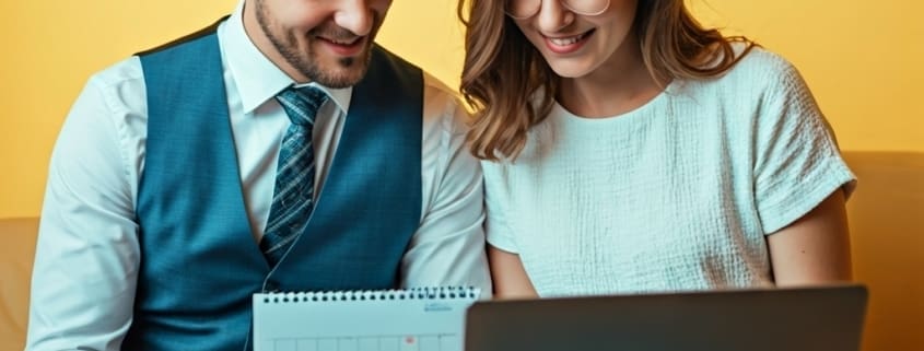 Engaged couple planning wedding DJ booking timeline