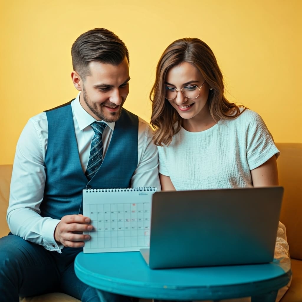Engaged couple planning wedding DJ booking timeline